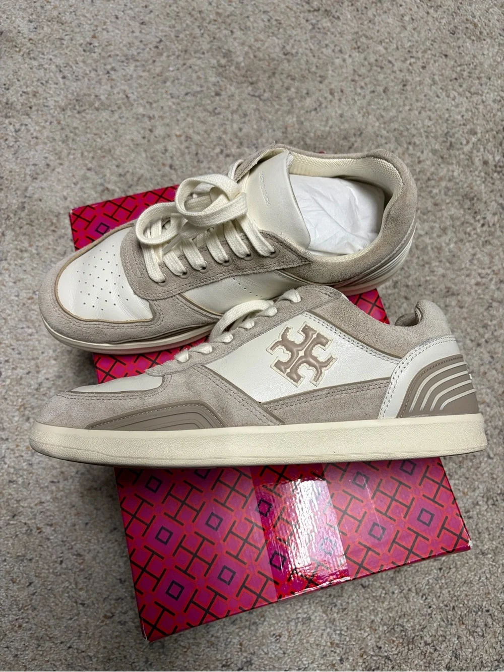 Tory Burch Cream & Taupe Clover Court Suede Logo Sneakers